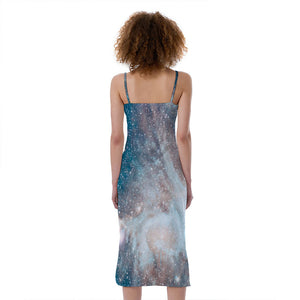 White Cloud Galaxy Space Print Slim Fit Midi Cami Dress