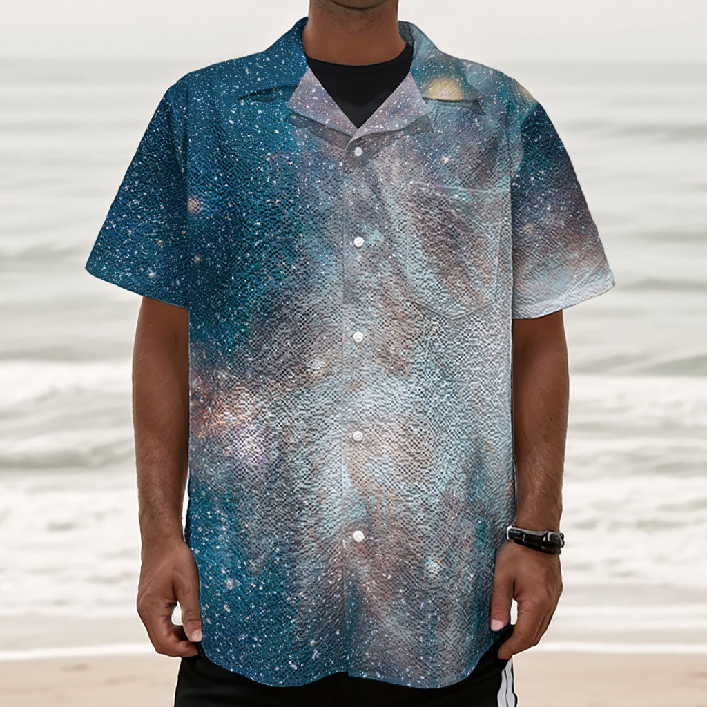 White Cloud Galaxy Space Print Textured Short Sleeve Shirt