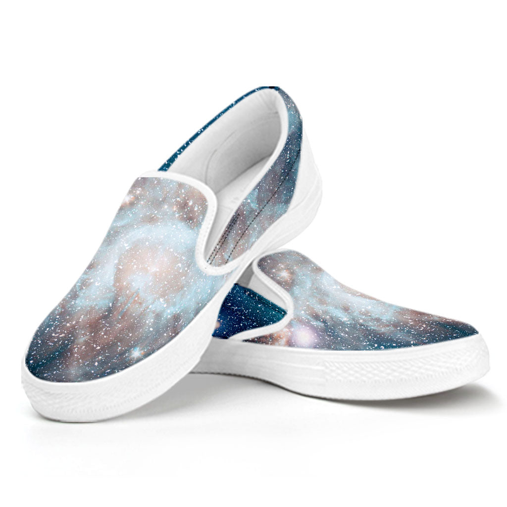 White Cloud Galaxy Space Print White Slip On Sneakers