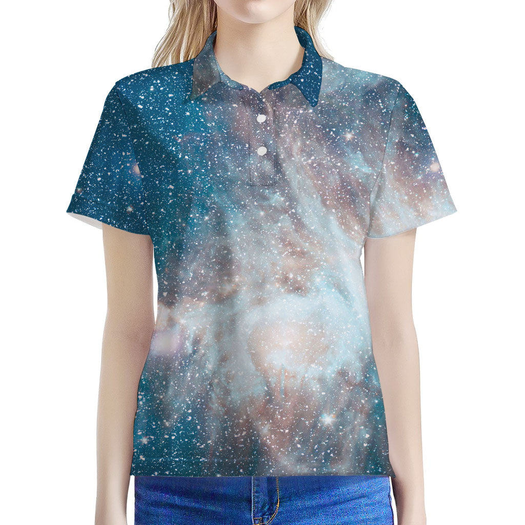 White Cloud Galaxy Space Print Women's Polo Shirt