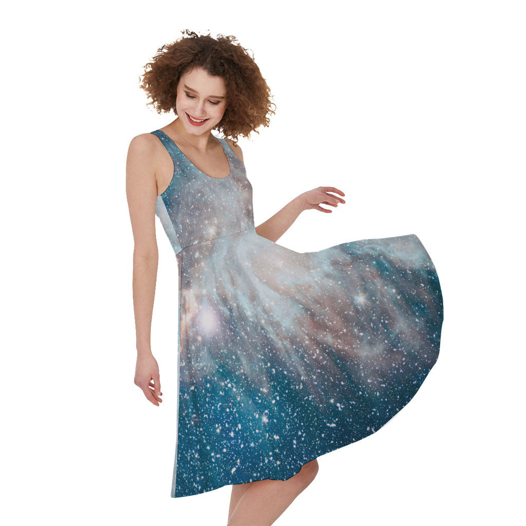 White Cloud Galaxy Space Print Women's Sleeveless Dress