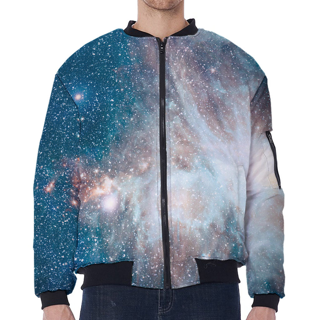 White Cloud Galaxy Space Print Zip Sleeve Bomber Jacket