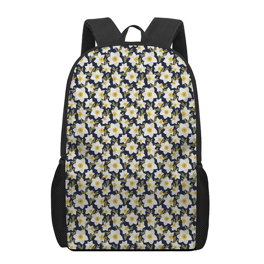 White Daffodil Flower Pattern Print 17 Inch Backpack