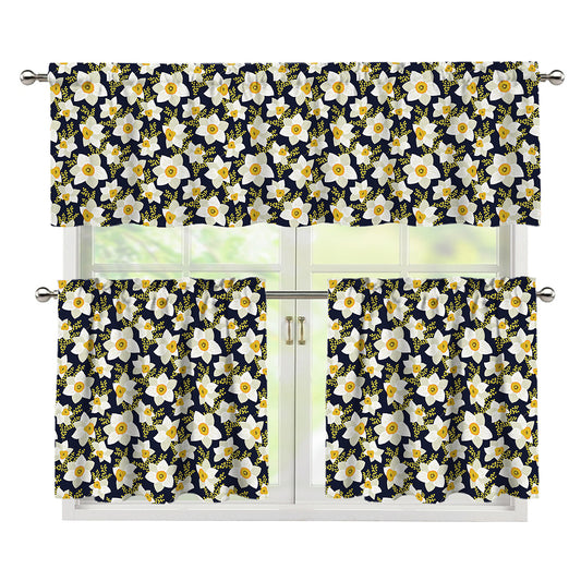 White Daffodil Flower Pattern Print 3 Piece Kitchen Curtains