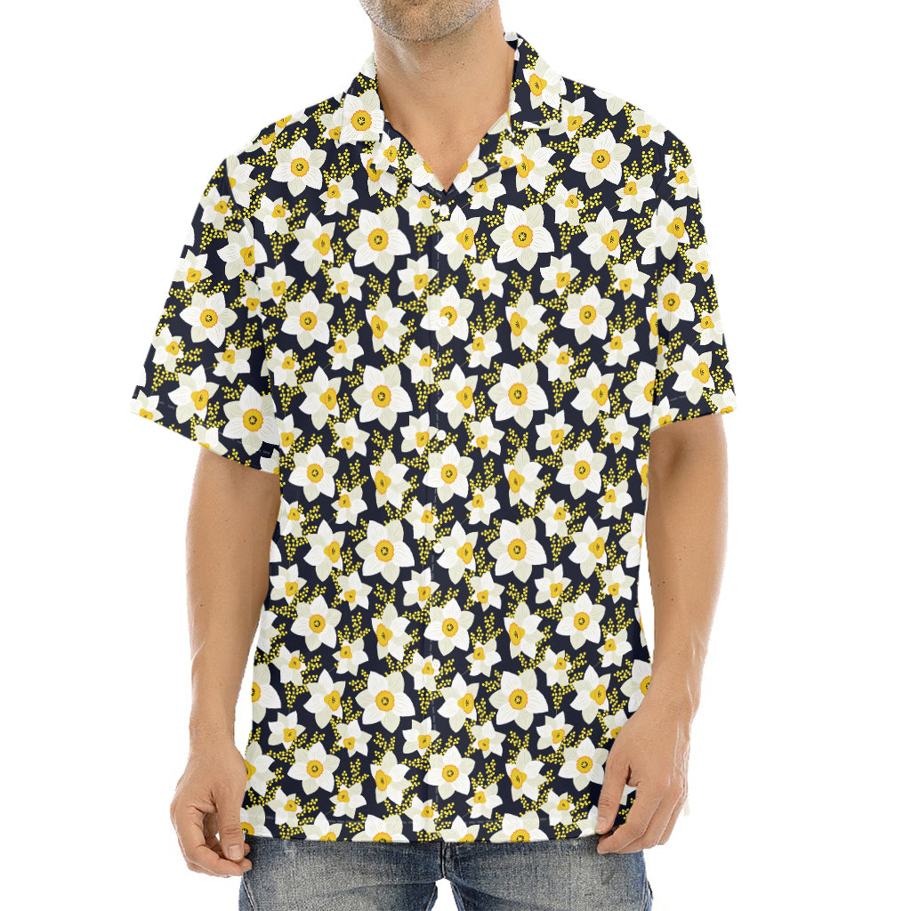 White Daffodil Flower Pattern Print Aloha Shirt