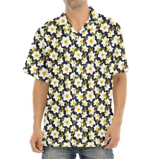 White Daffodil Flower Pattern Print Aloha Shirt