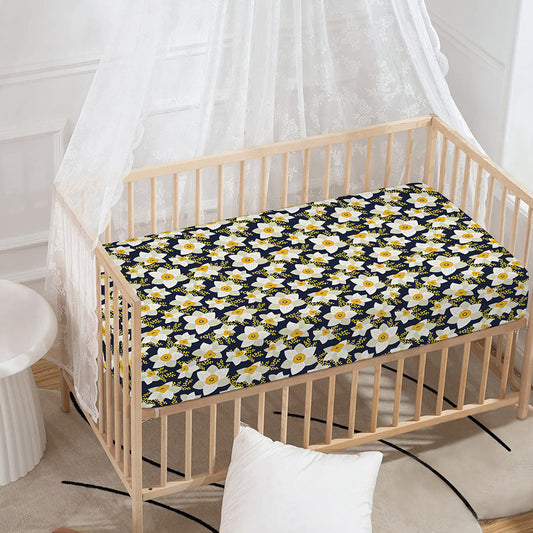 White Daffodil Flower Pattern Print Baby Crib Sheet
