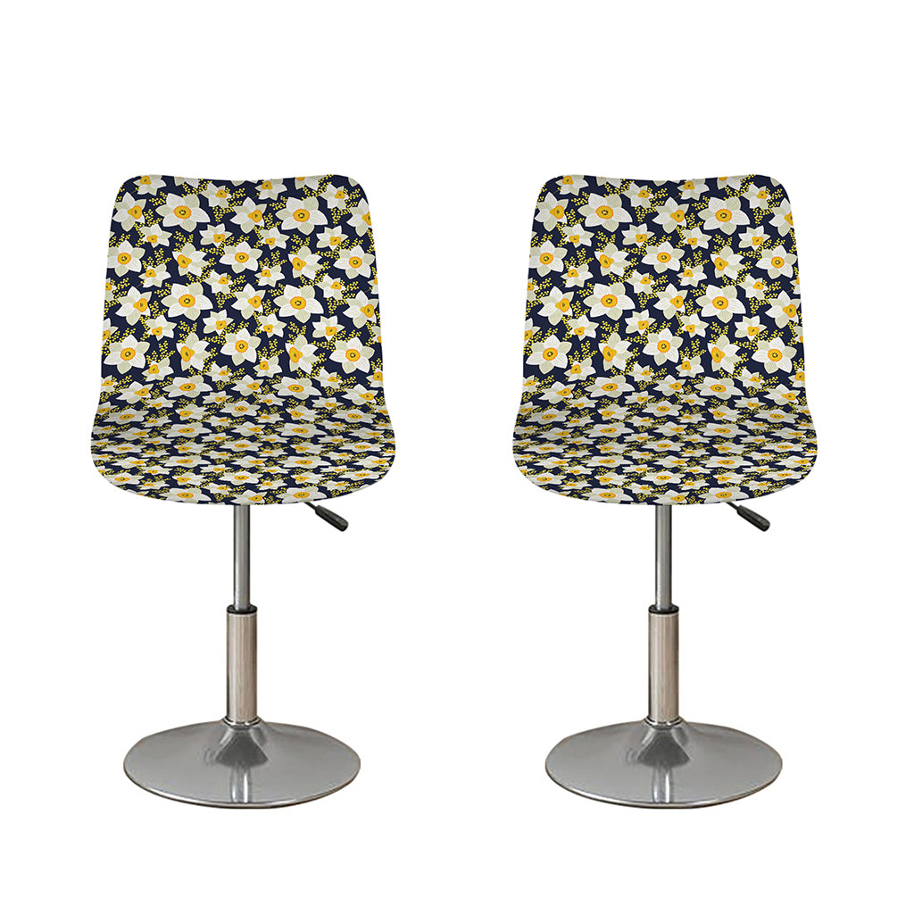 White Daffodil Flower Pattern Print Bar Stool Covers