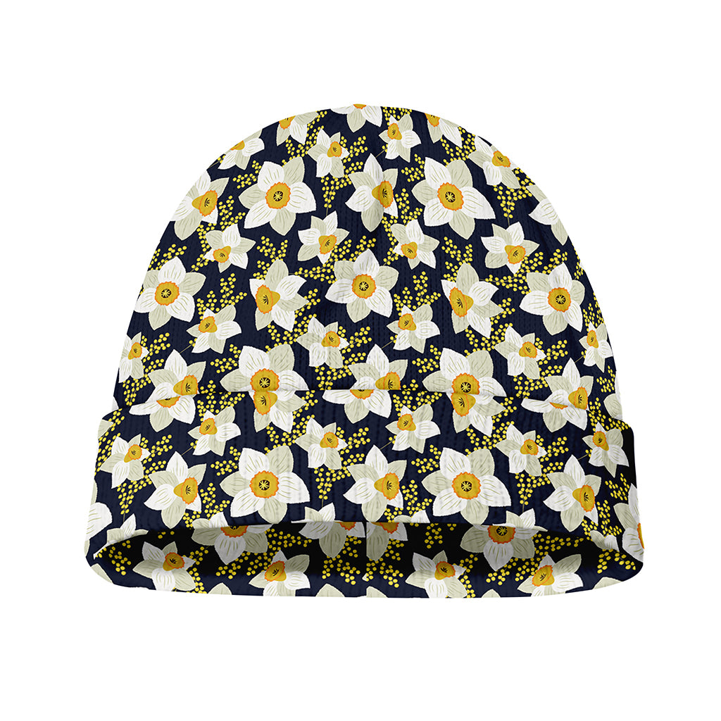 White Daffodil Flower Pattern Print Beanie