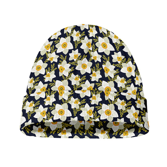 White Daffodil Flower Pattern Print Beanie