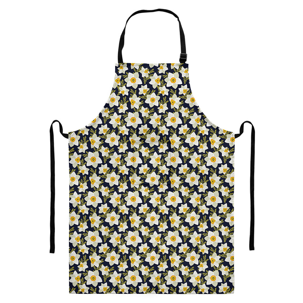 White Daffodil Flower Pattern Print Bib Apron With Pocket