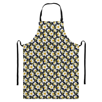 White Daffodil Flower Pattern Print Bib Apron With Pocket