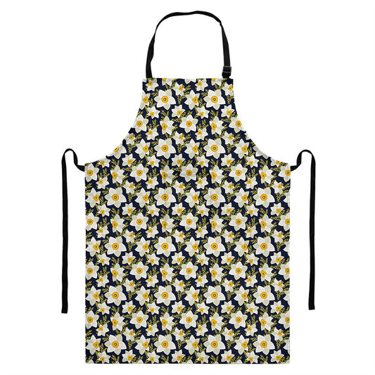 White Daffodil Flower Pattern Print Bib Apron With Pocket