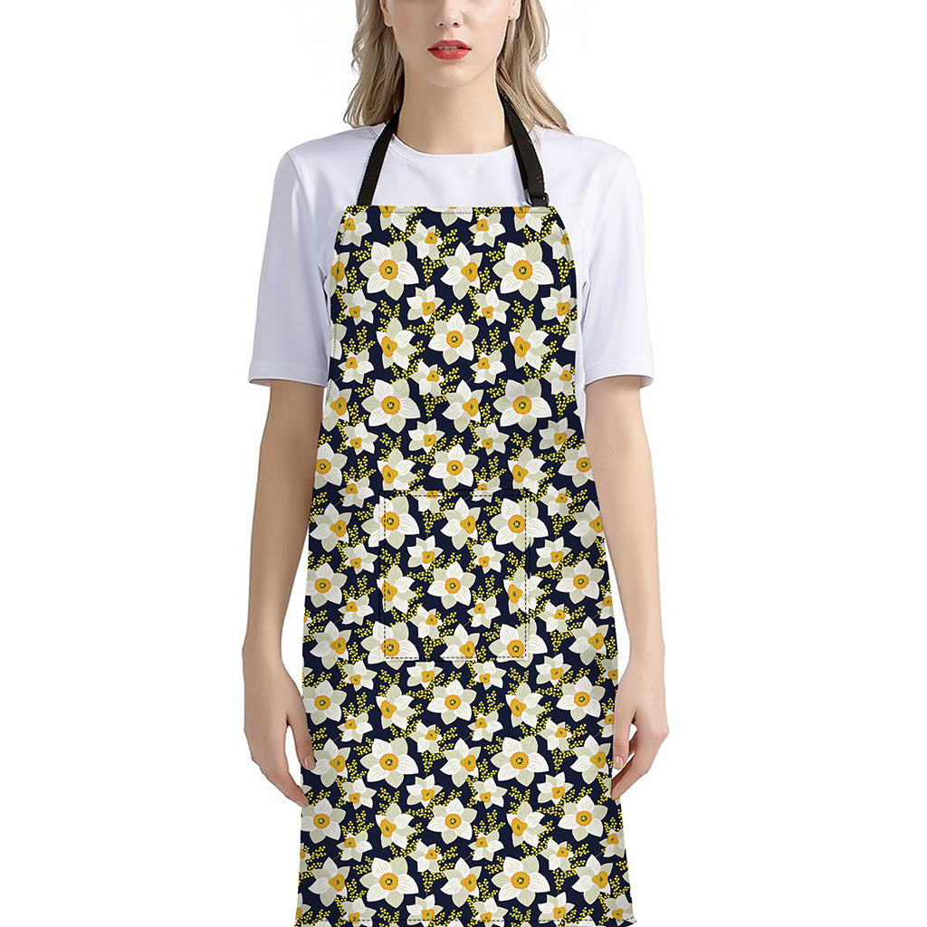 White Daffodil Flower Pattern Print Bib Apron With Pocket