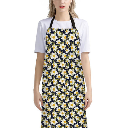 White Daffodil Flower Pattern Print Bib Apron With Pocket