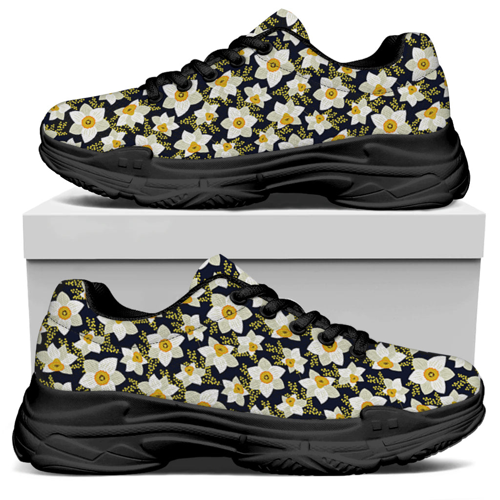 White Daffodil Flower Pattern Print Black Chunky Shoes