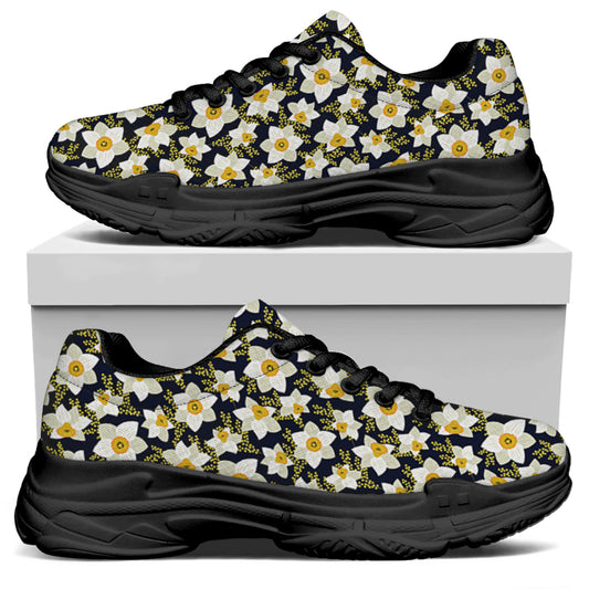 White Daffodil Flower Pattern Print Black Chunky Shoes