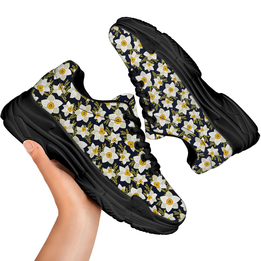 White Daffodil Flower Pattern Print Black Chunky Shoes