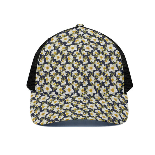 White Daffodil Flower Pattern Print Black Mesh Trucker Cap