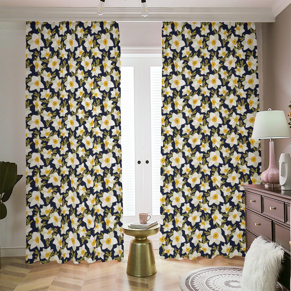 White Daffodil Flower Pattern Print Blackout Pencil Pleat Curtains