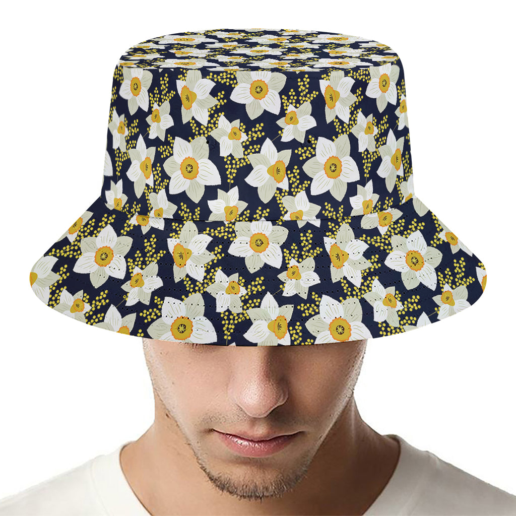 White Daffodil Flower Pattern Print Bucket Hat