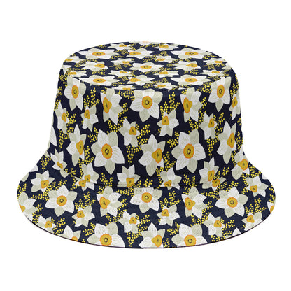 White Daffodil Flower Pattern Print Bucket Hat