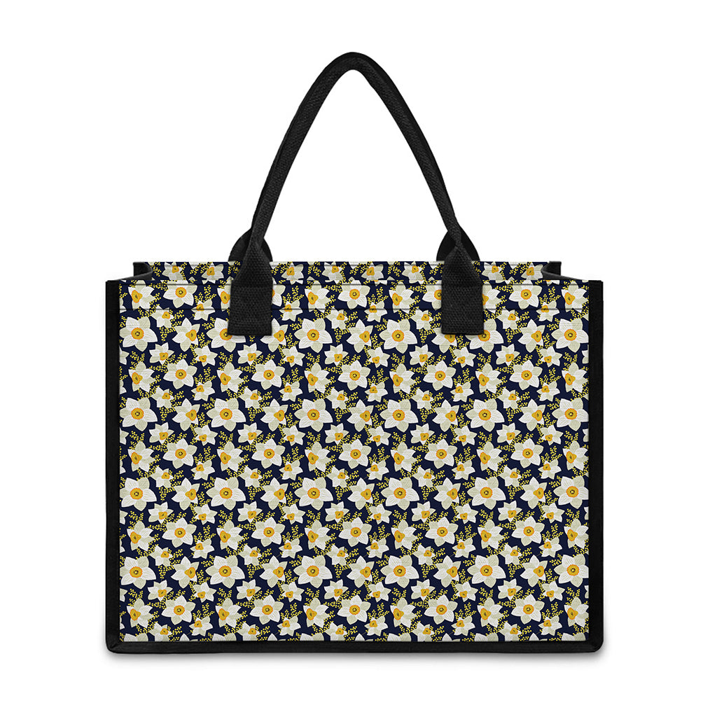 White Daffodil Flower Pattern Print Canvas Tote Bag