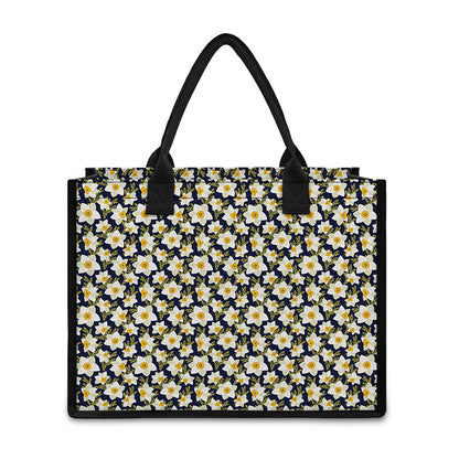White Daffodil Flower Pattern Print Canvas Tote Bag