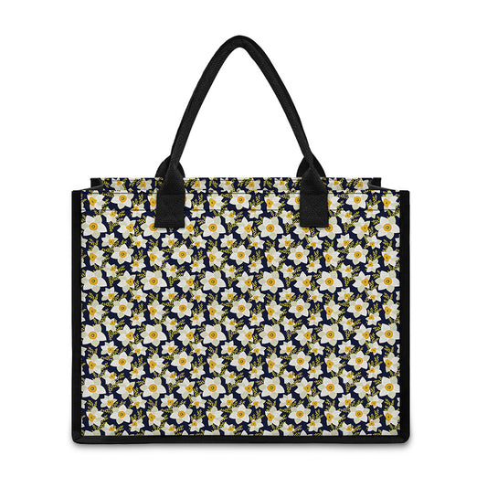 White Daffodil Flower Pattern Print Canvas Tote Bag