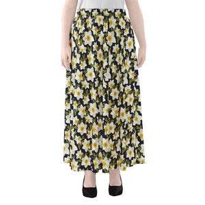 White Daffodil Flower Pattern Print Chiffon Maxi Skirt