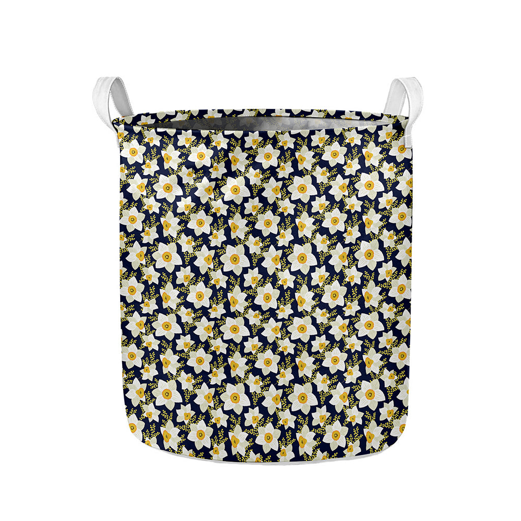 White Daffodil Flower Pattern Print Collapsible Laundry Basket