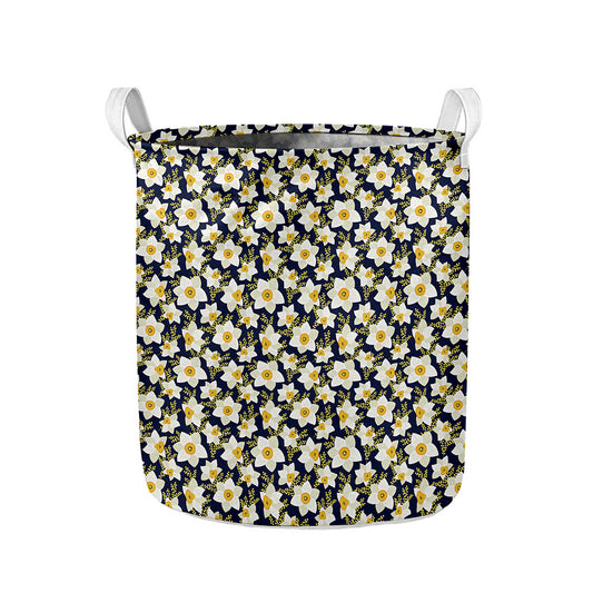 White Daffodil Flower Pattern Print Collapsible Laundry Basket