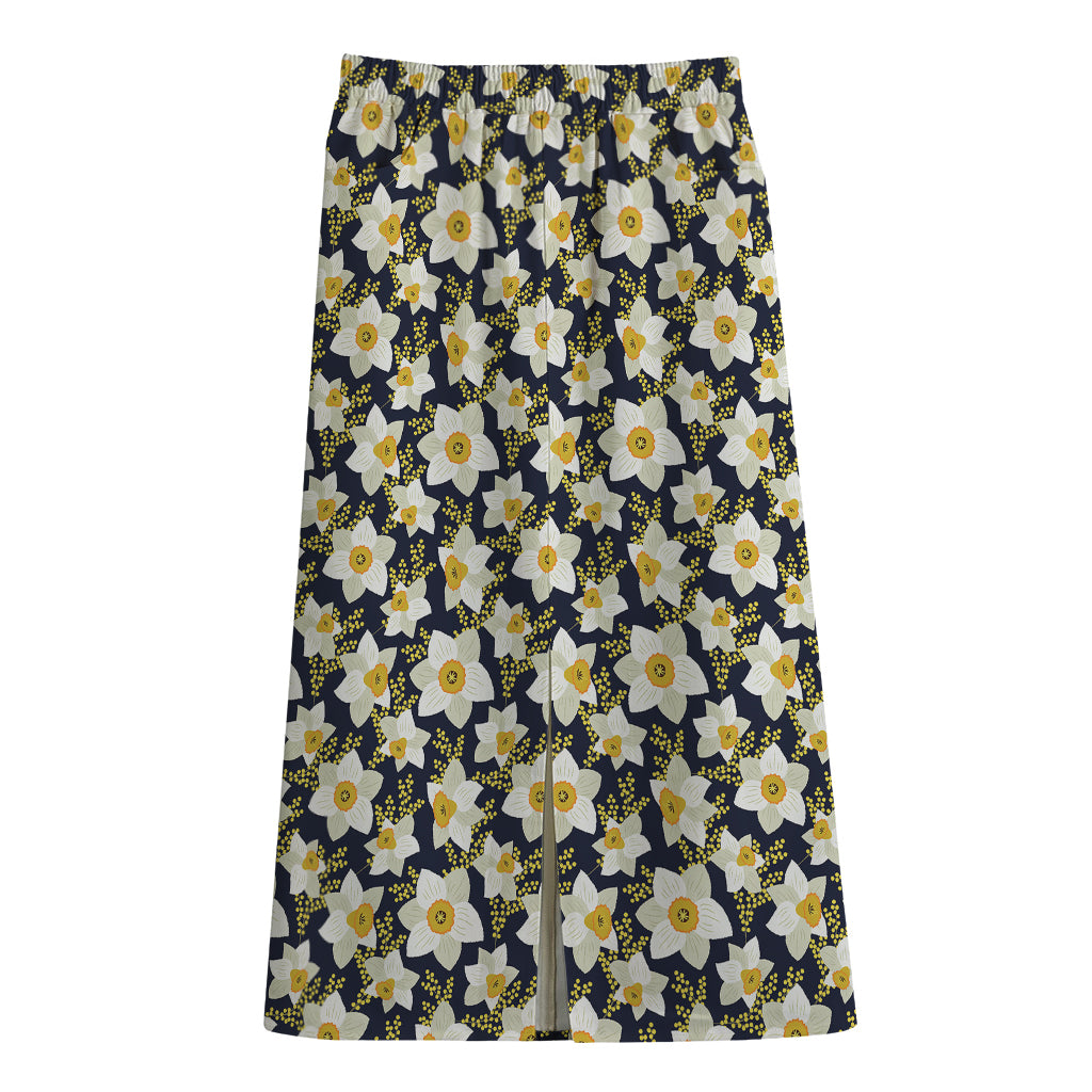 White Daffodil Flower Pattern Print Cotton Front Slit Maxi Skirt