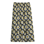 White Daffodil Flower Pattern Print Cotton Front Slit Maxi Skirt