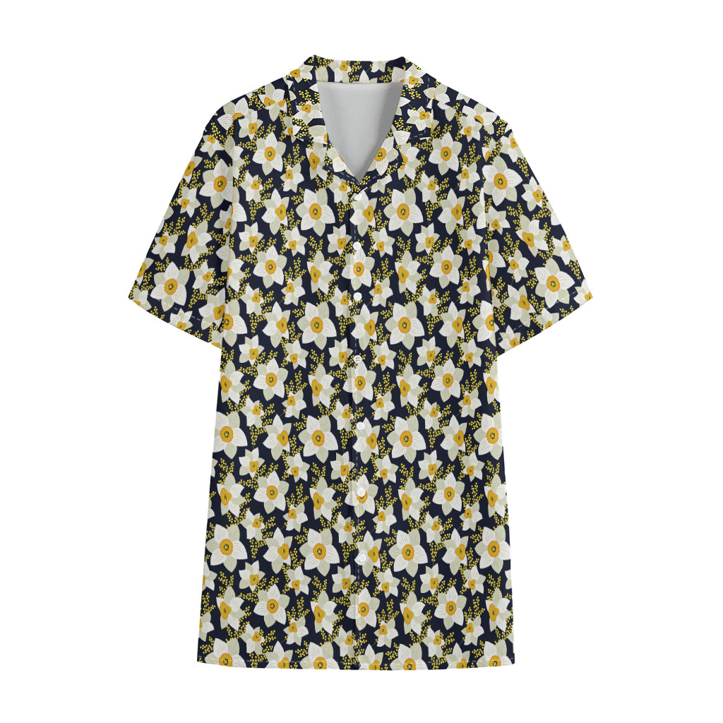 White Daffodil Flower Pattern Print Cotton Hawaiian Shirt