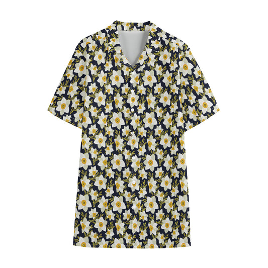 White Daffodil Flower Pattern Print Cotton Hawaiian Shirt