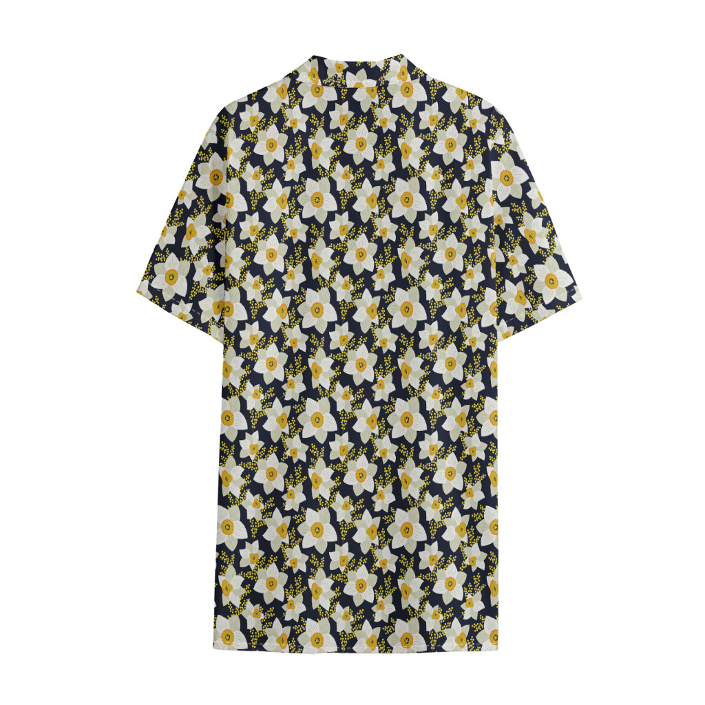 White Daffodil Flower Pattern Print Cotton Hawaiian Shirt