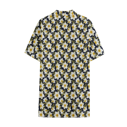 White Daffodil Flower Pattern Print Cotton Hawaiian Shirt