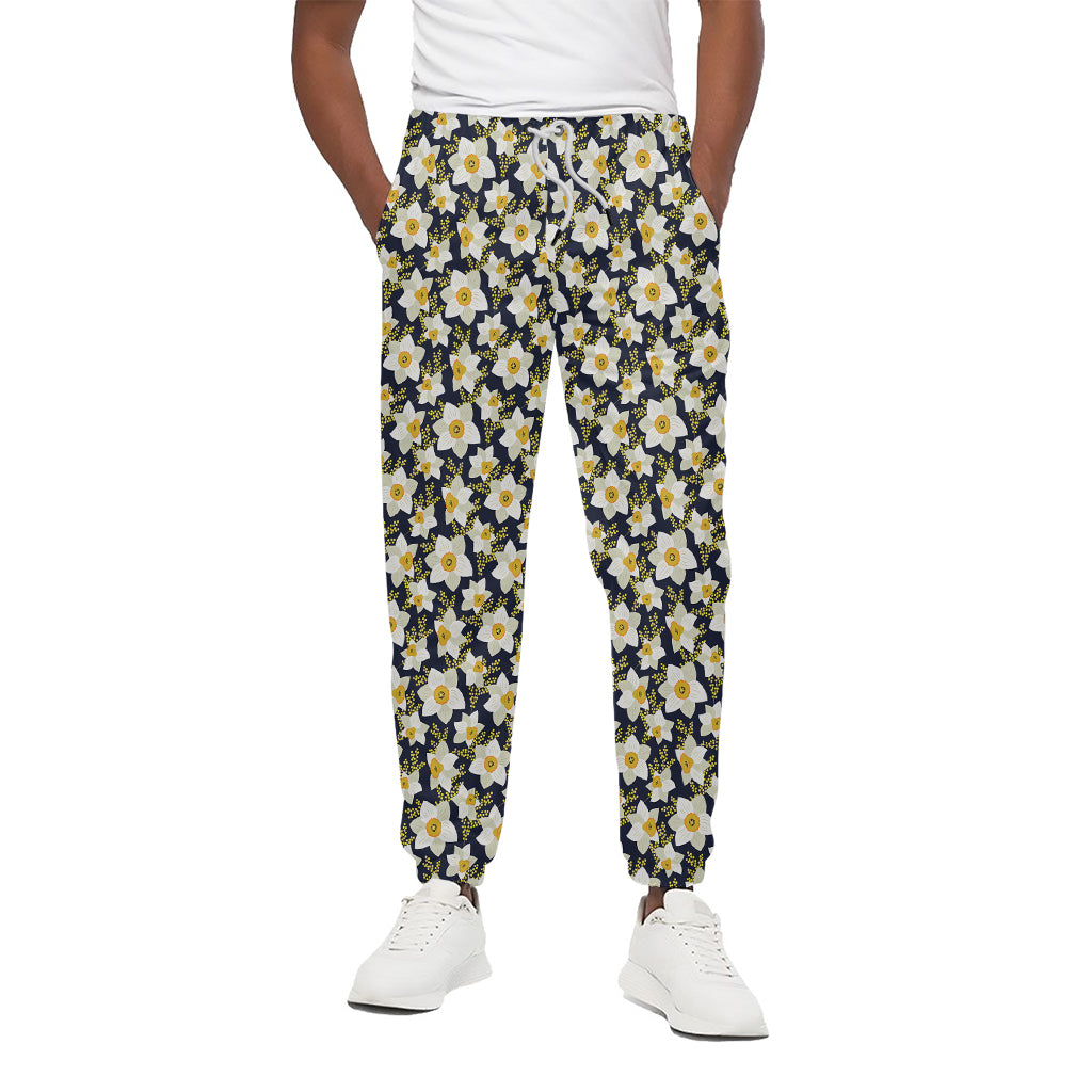 White Daffodil Flower Pattern Print Cotton Pants