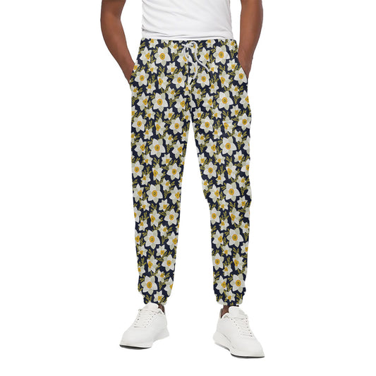 White Daffodil Flower Pattern Print Cotton Pants