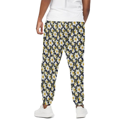 White Daffodil Flower Pattern Print Cotton Pants