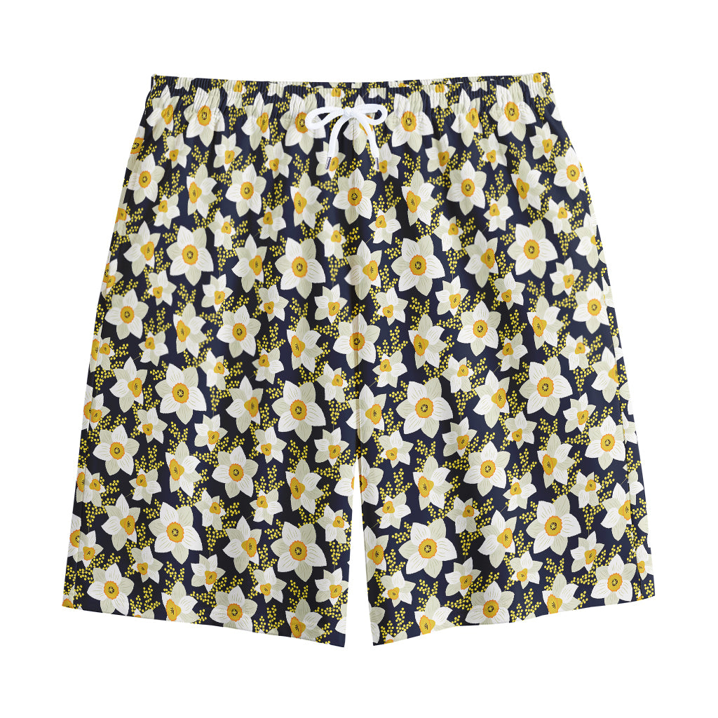 White Daffodil Flower Pattern Print Cotton Shorts