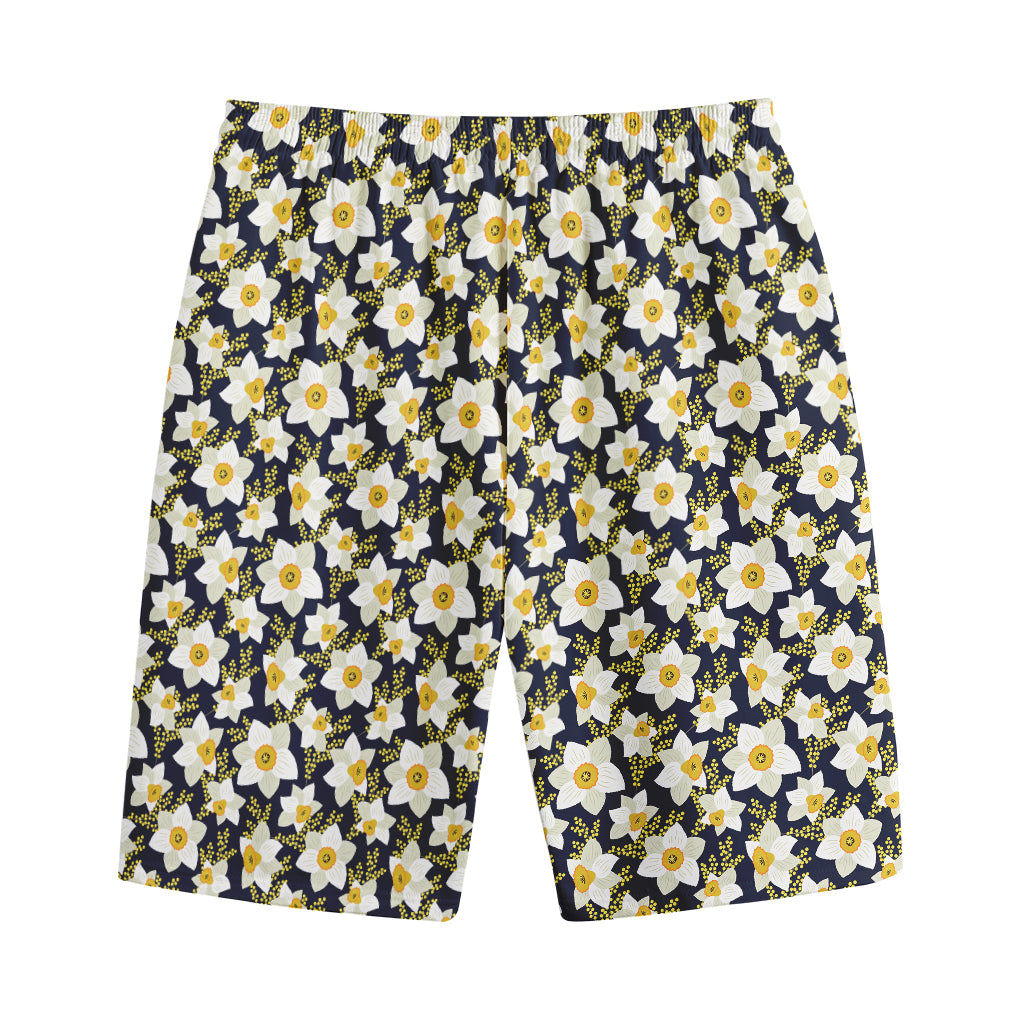 White Daffodil Flower Pattern Print Cotton Shorts