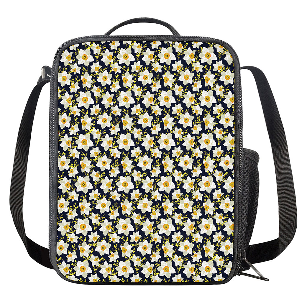 White Daffodil Flower Pattern Print Crossbody Lunch Bag