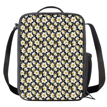 White Daffodil Flower Pattern Print Crossbody Lunch Bag