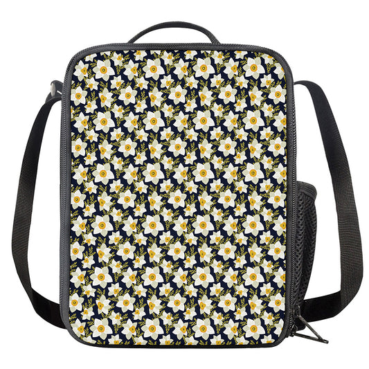 White Daffodil Flower Pattern Print Crossbody Lunch Bag