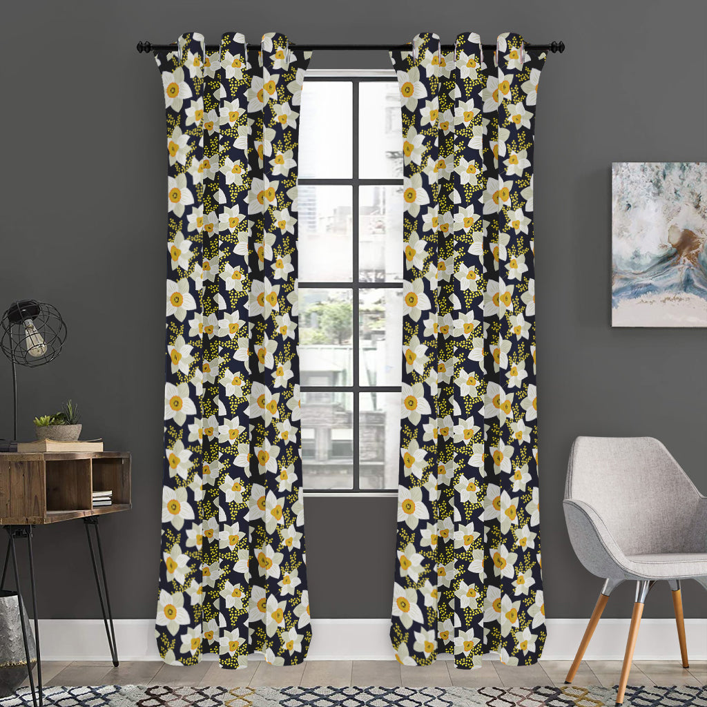 White Daffodil Flower Pattern Print Curtain