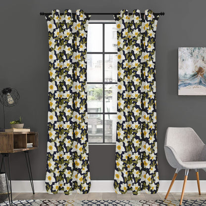 White Daffodil Flower Pattern Print Curtain