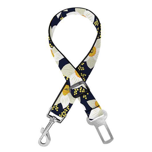 White Daffodil Flower Pattern Print Dog Seat Belt