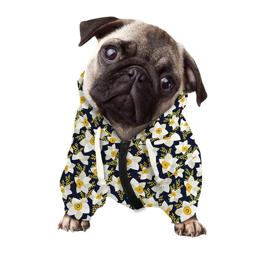 White Daffodil Flower Pattern Print Dog Zip Up Hoodie